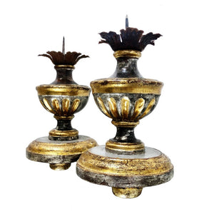 Pair of Italian 18th Century Hand Carved Silver and Gold Gilt Candlesticks
