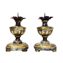 Pair of Italian 18th Century Hand Carved Silver and Gold Gilt Candlesticks