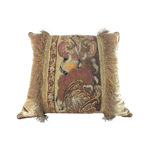 Pair French Gobelin Tapestry Fragment Pillows with Helmet, Plumes and a Grecian Lady